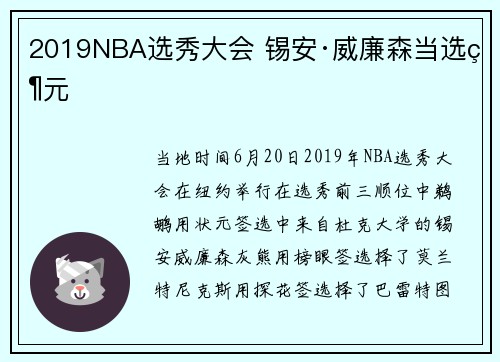 2019NBA选秀大会 锡安·威廉森当选状元