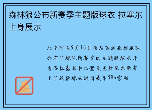 森林狼公布新赛季主题版球衣 拉塞尔上身展示